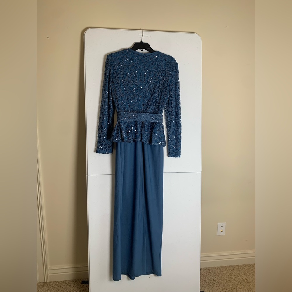 Modest Evening Dress Teal Blue long sleeve Stretch Sequins belt Sz 44 (Turkey) - Picture 4 of 17